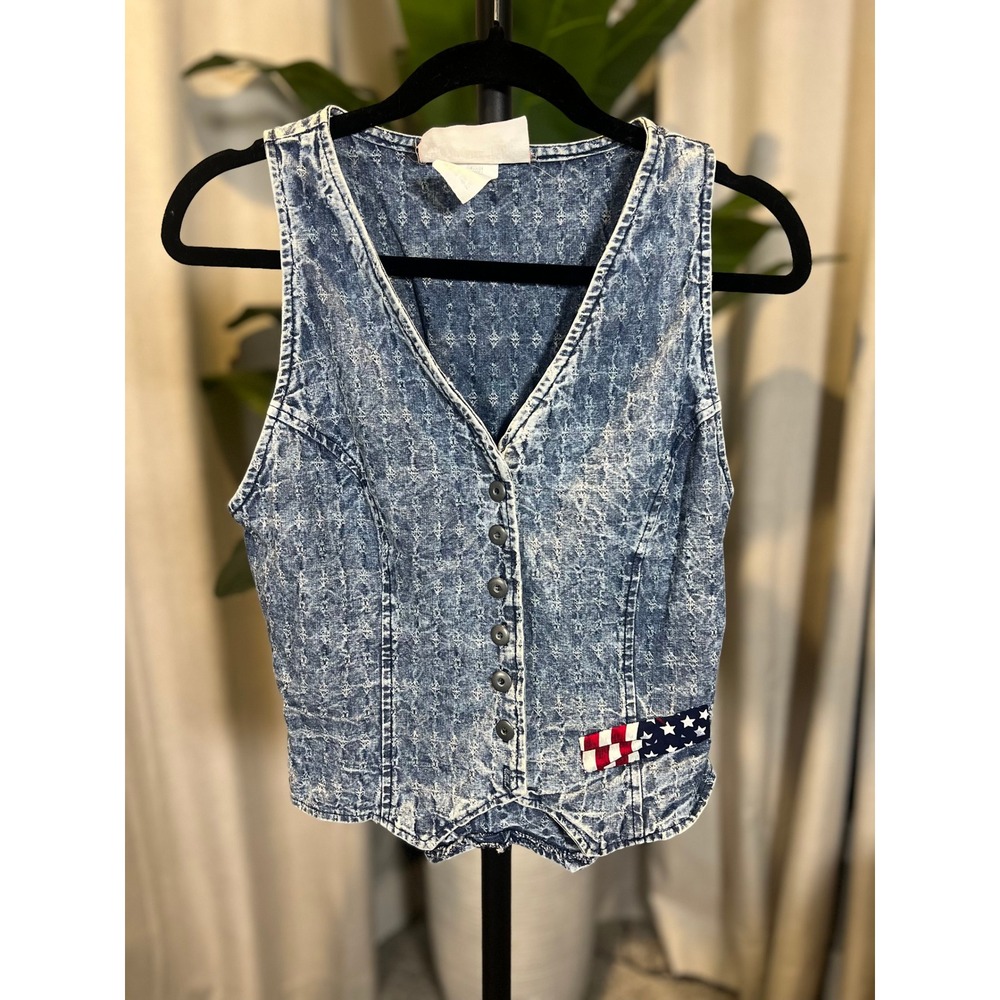 Vintage Blue Acid Wash Denim Vest American Flag Patch Tie Back USA Made Cotton